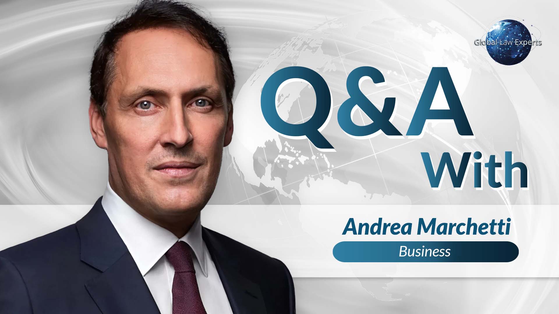 Business expert featured in Q&A session, presenting information with a global map background.