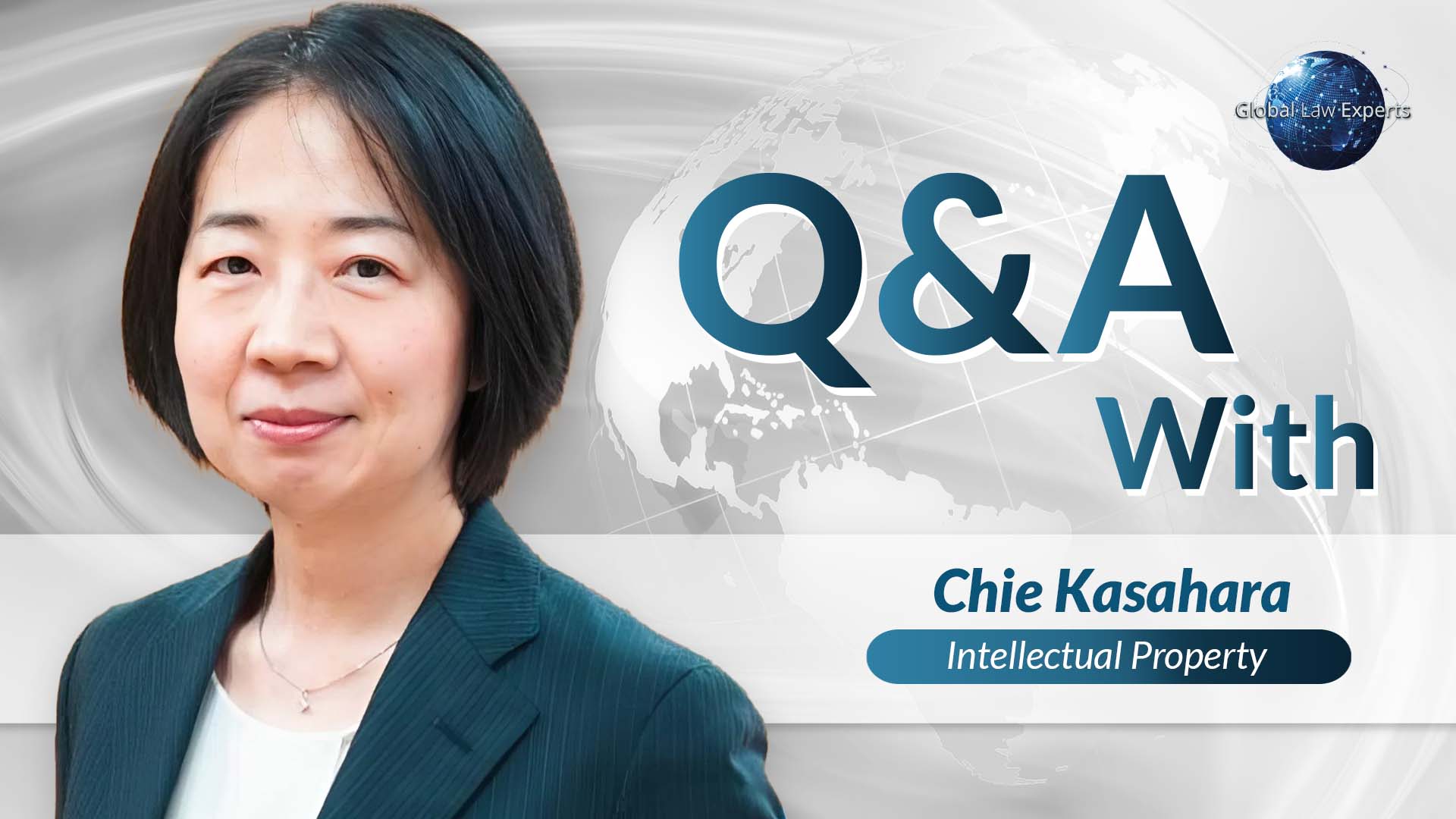Intellectual property lawyer in professional attire, featured in a Q&A format with a global theme.