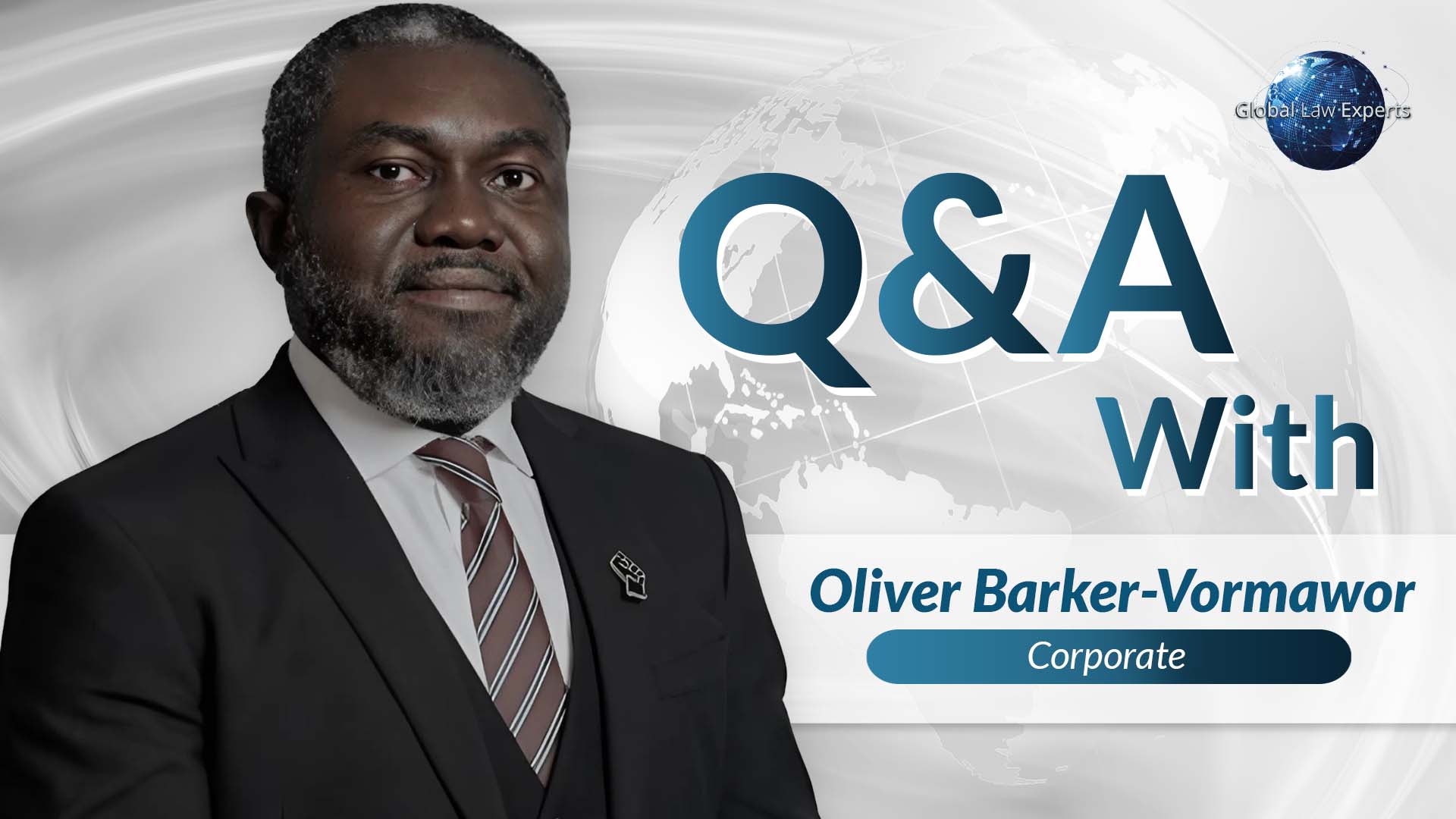 Corporate lawyer participating in a Q&A session, with a global background and professional attire.