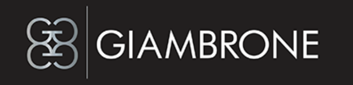 Giambrone law firm logo with stylized initials on a dark background.