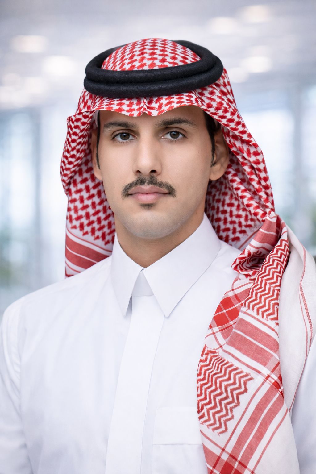 Young man wearing traditional attire and a white shirt, posed with a serious expression in a bright, modern setting.