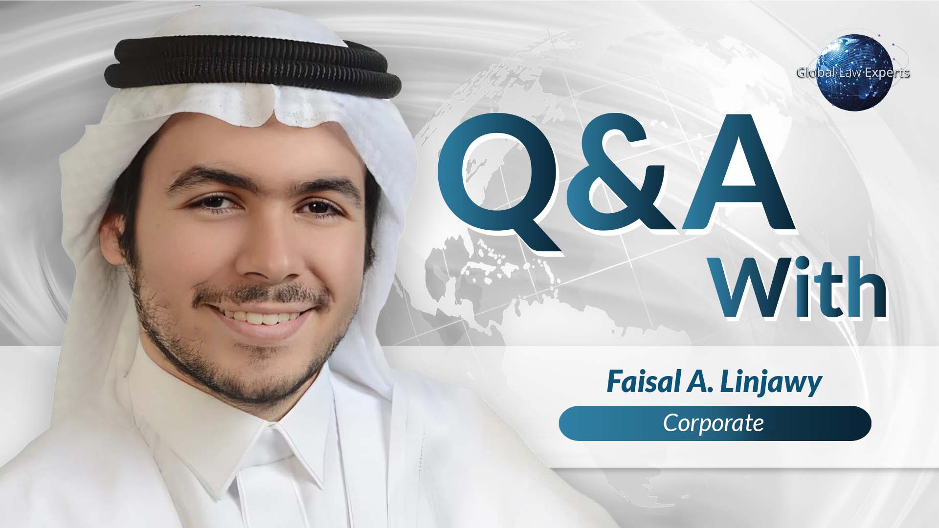 Corporate professional smiling with a world map background, presenting a Q&A session for Global Law Experts.