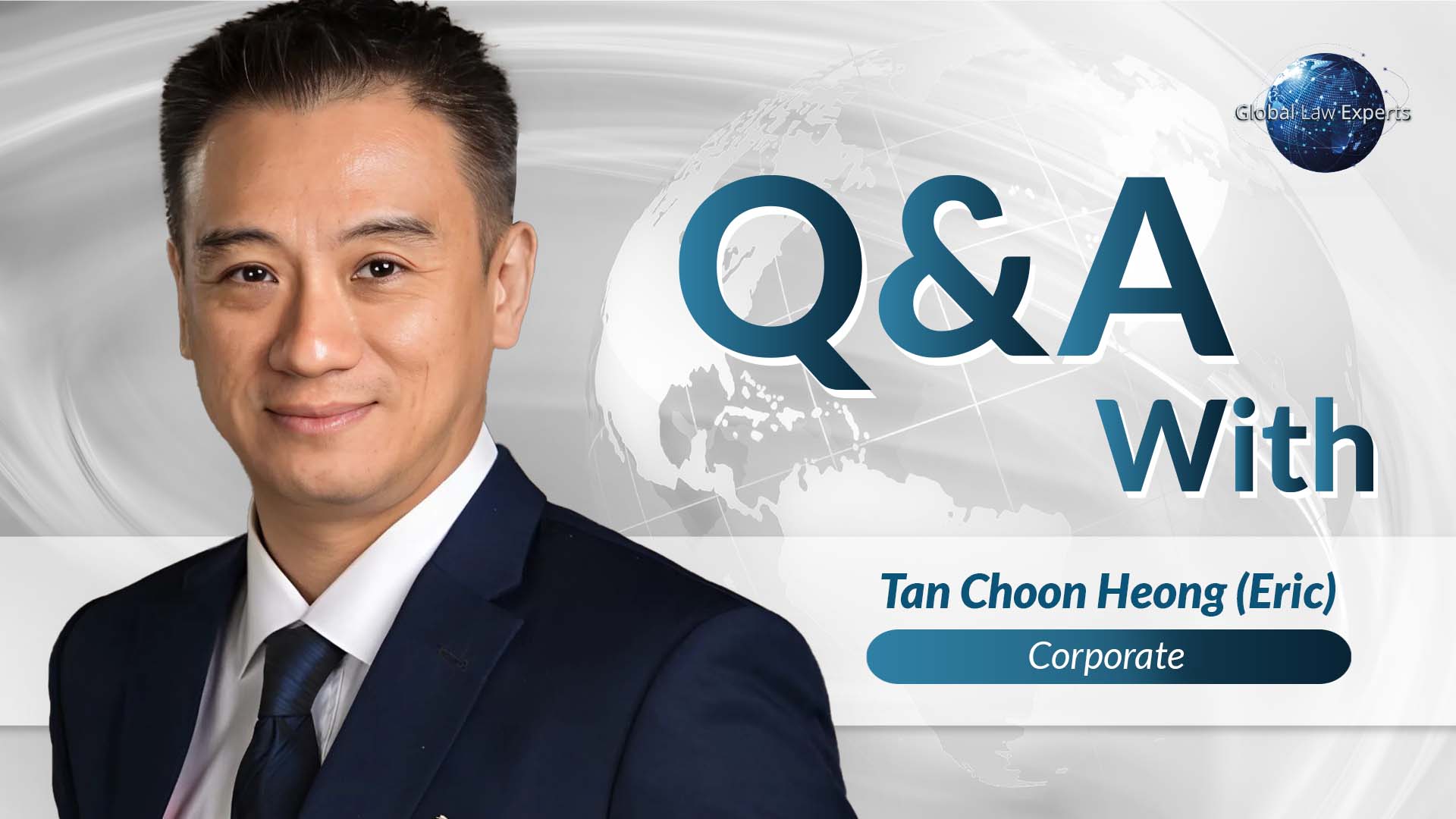 Corporate lawyer posing for a Q&A feature, smiling against a global background with legal branding.