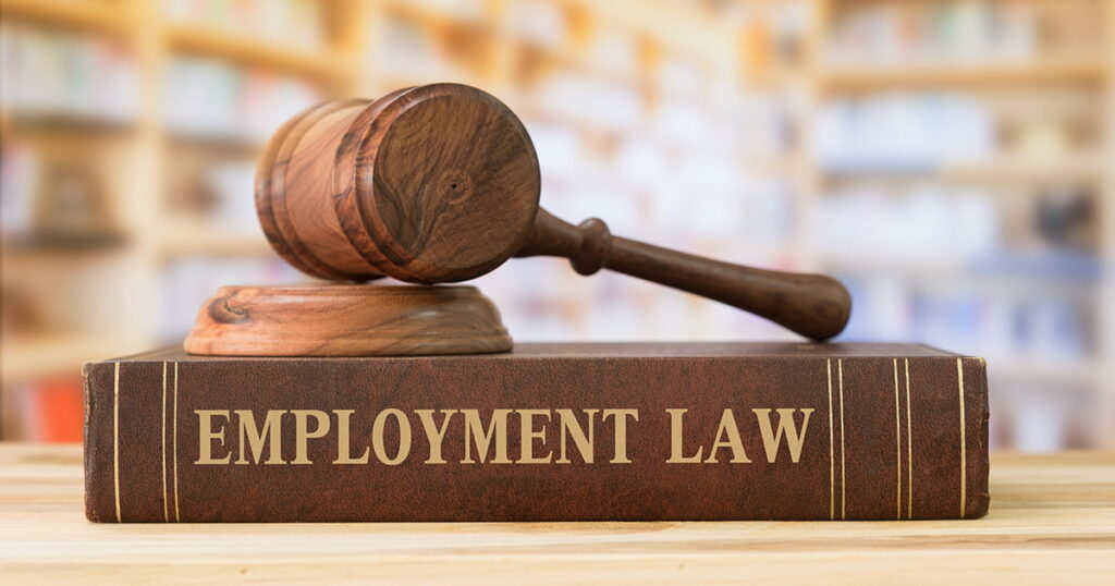Gavel resting on top of an "Employment Law" book, set against a blurred background of bookshelves.