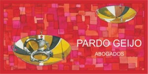 Artistic logo design with bold colors and stylized handcuffs, labeled “Pardo Geijo Abogados.”