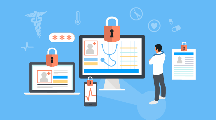 Individual examining secure medical data displayed on screens, with padlocks symbolizing privacy and protection.