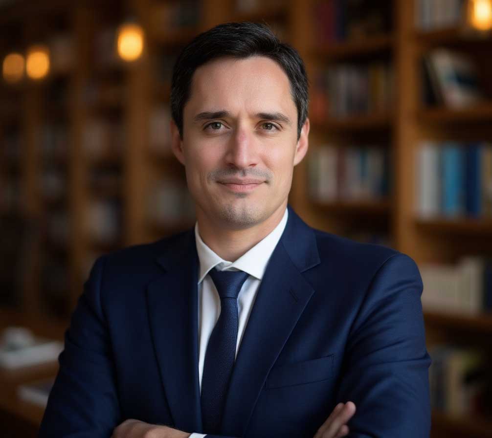 Lawyer posing confidently with arms crossed in a library setting, shelves of legal books in the background.