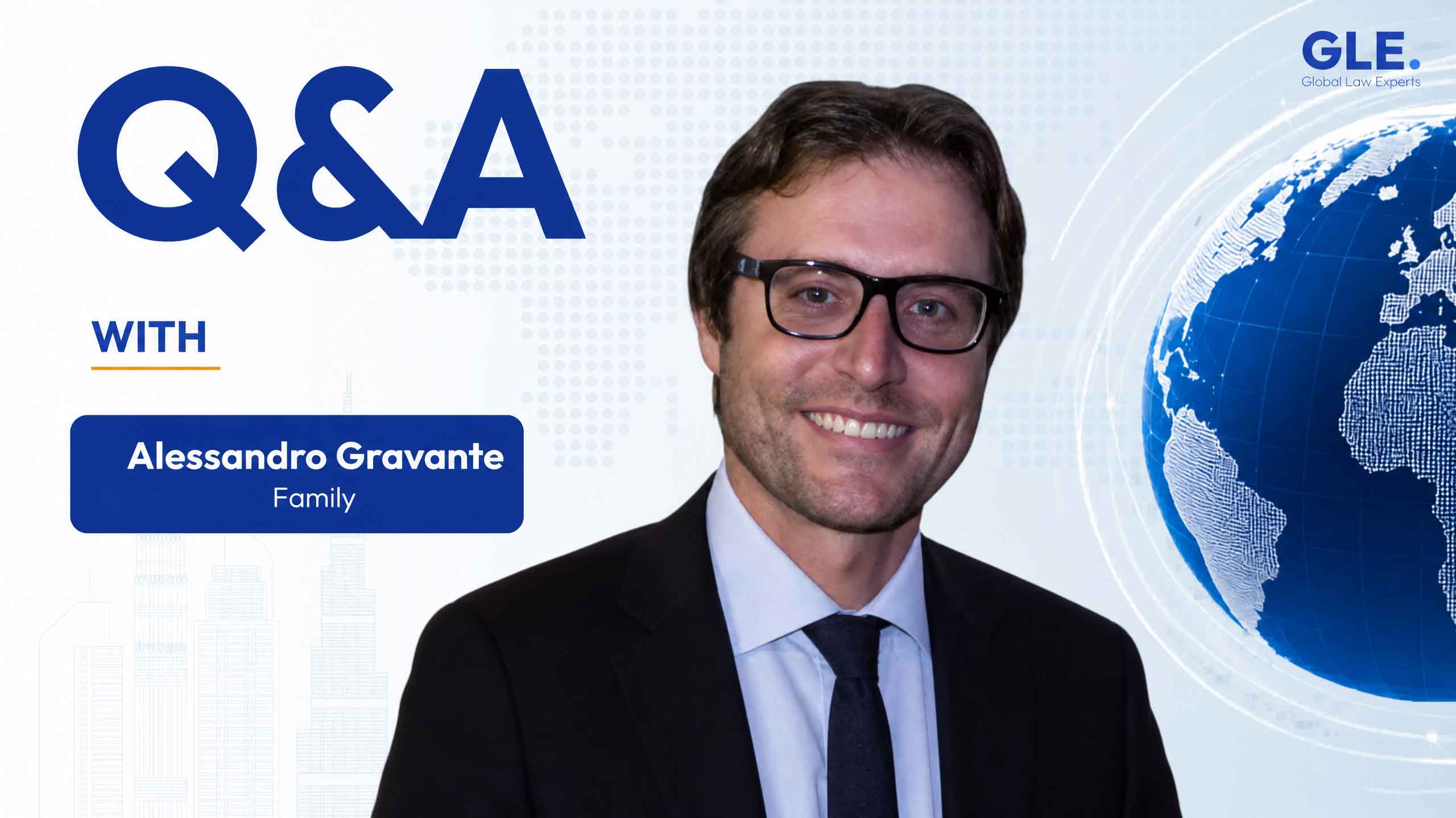 Family lawyer Alessandro Gravante smiling against a world map background, part of a Q&A series on global legal topics.