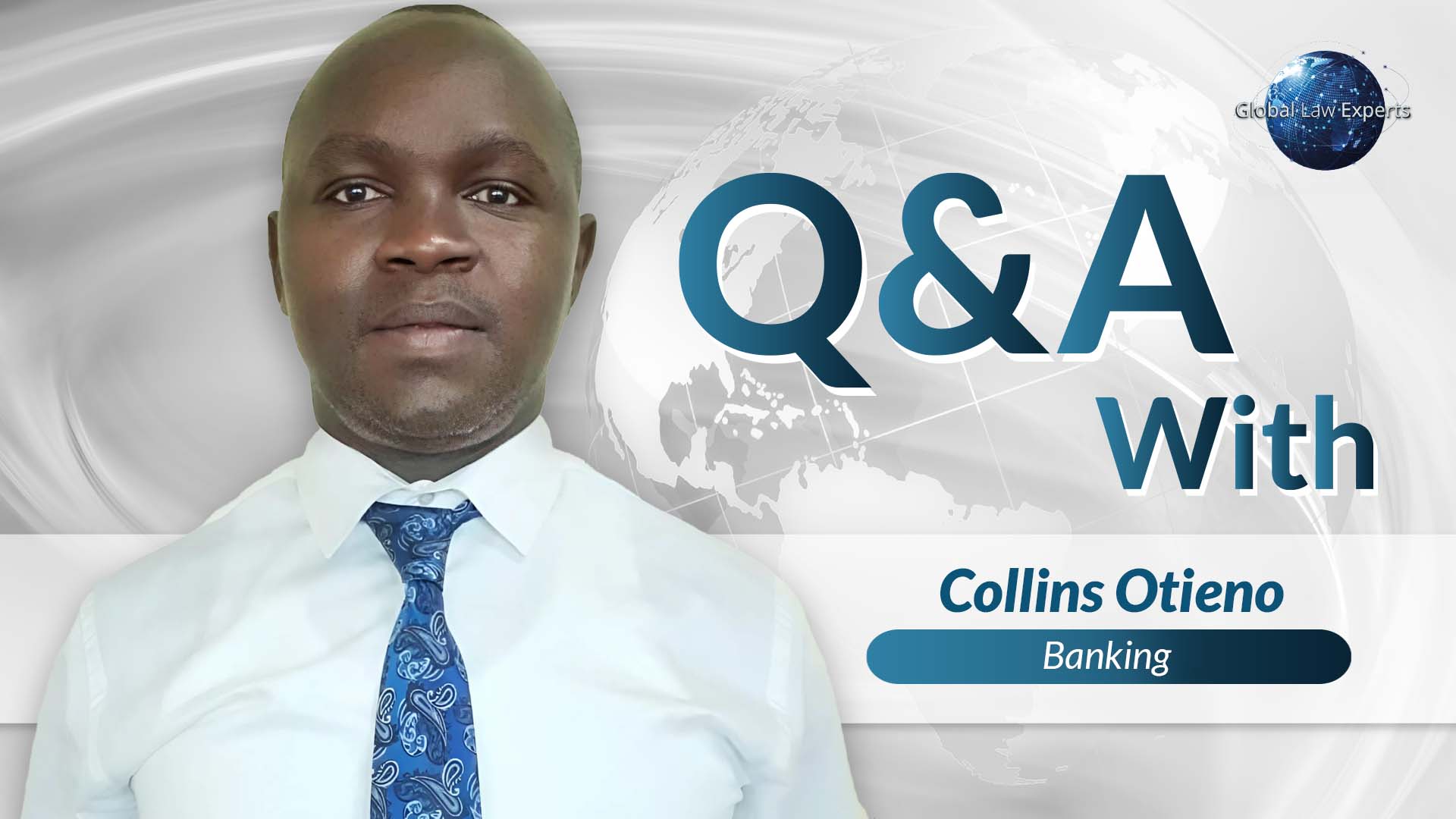 Legal expert participating in a Q&A session about banking law, background features a globe design.