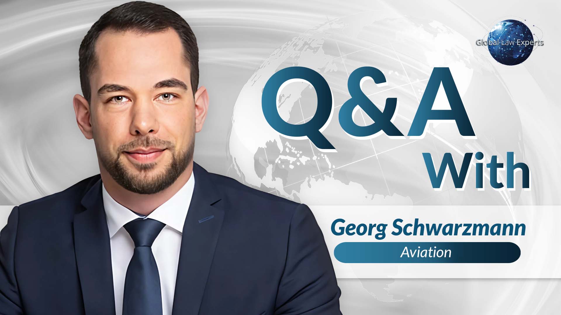 Professional in a suit presenting a Q&A session on aviation law against a global map backdrop.