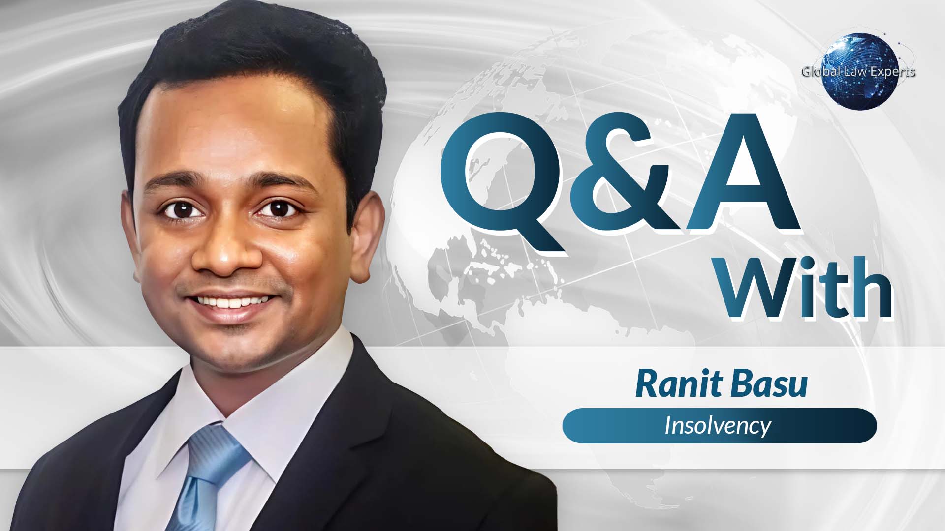 Legal professional engaged in a Q&A session about insolvency, with a global background graphic.
