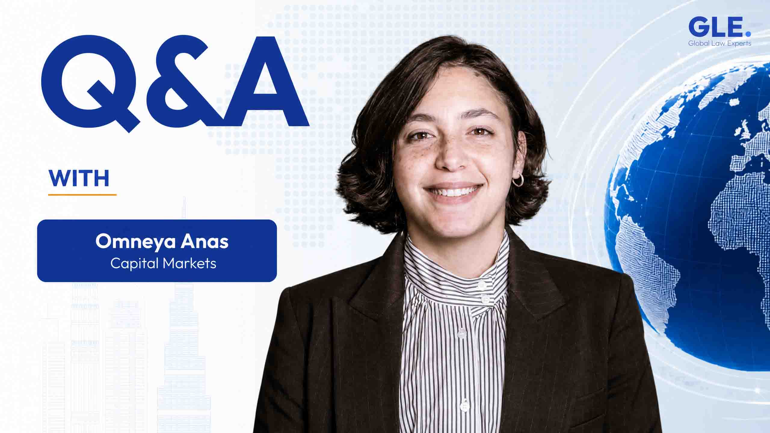 Capital markets attorney smiling against a digital background featuring a globe, with text overlay for Q&A session.