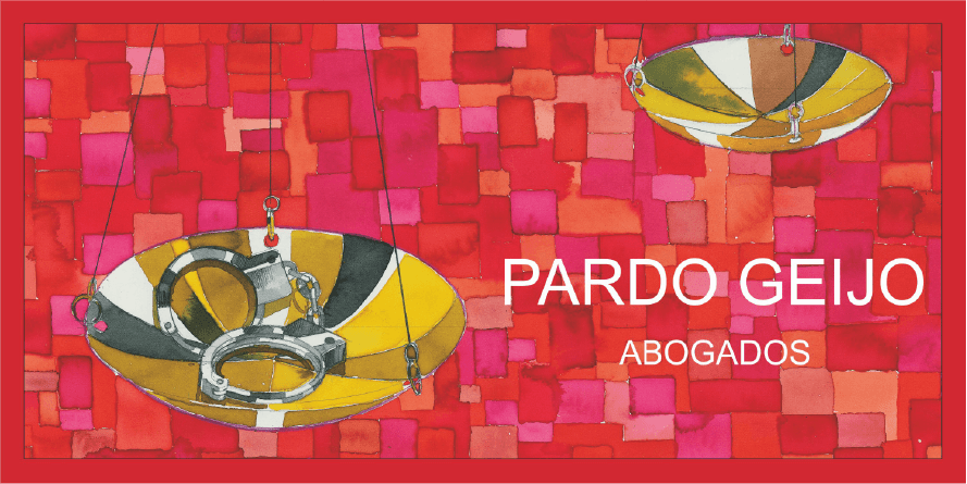 Legal-themed artwork featuring handcuffs and vibrant background, labeled "Pardo Geijo Abogados."