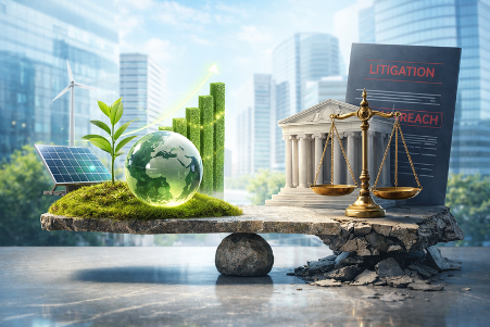 Scales of justice balanced with a globe, legal documents, and green growth symbols in an urban setting.