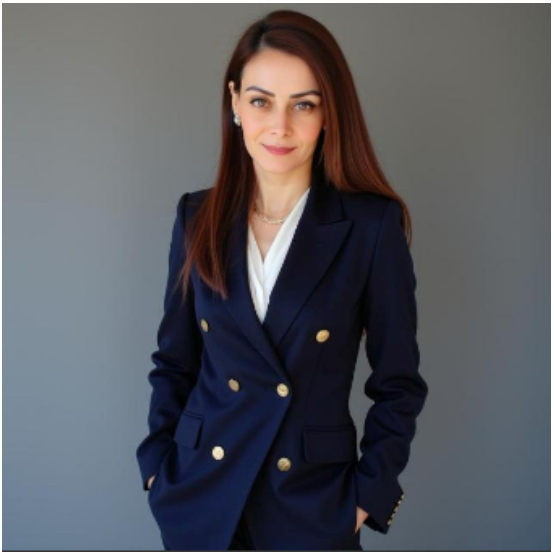 Attorney posing confidently in a professional navy suit against a neutral background.
