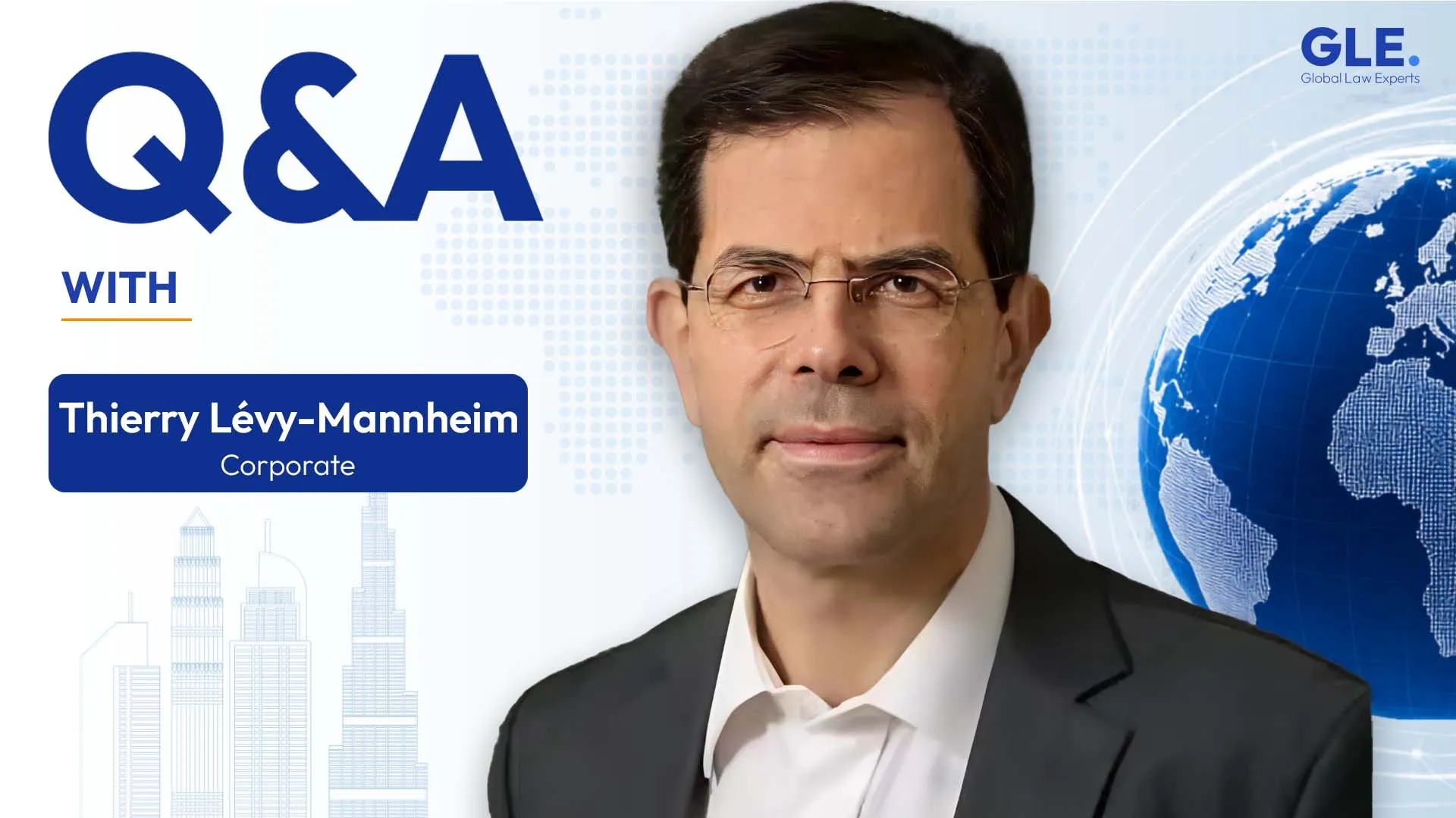 Corporate lawyer participating in Q&A session, with a digital globe background and legal branding elements.