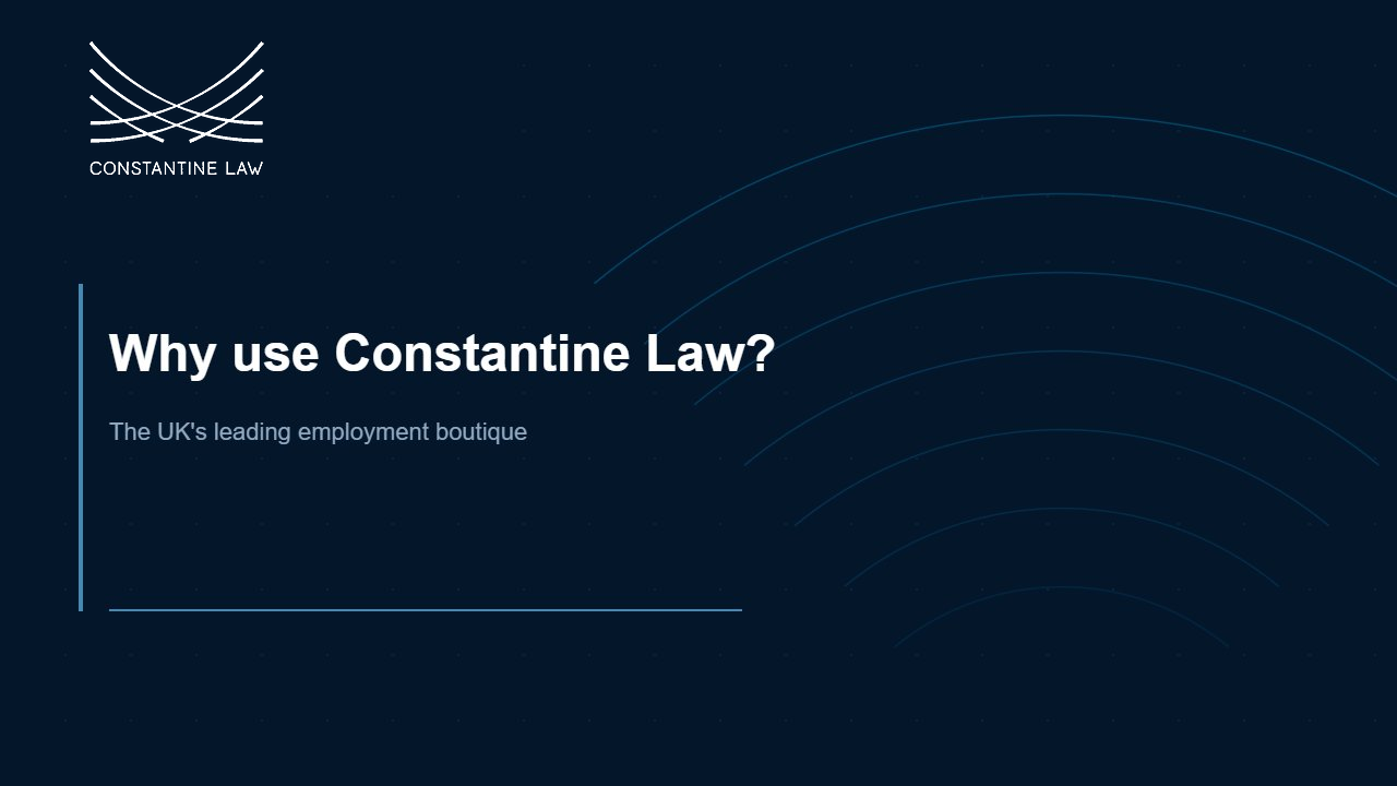 Constantine Law branding with text highlighting its status as a leading employment law boutique in the UK.