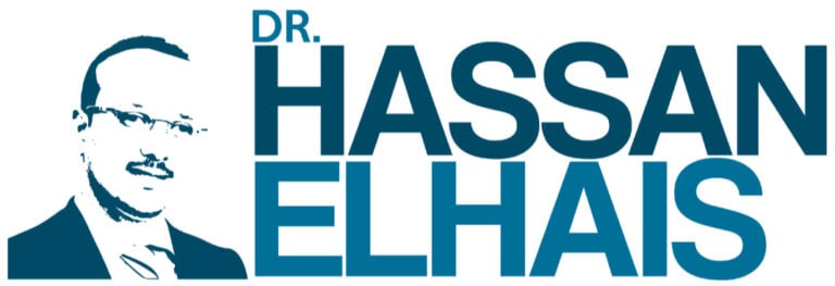 Legal professional portrait with name "Dr. Hassan Elhais" prominently displayed in blue text.