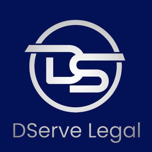 Blue and silver logo for DServe Legal featuring the initials "D" and "S" intertwined.