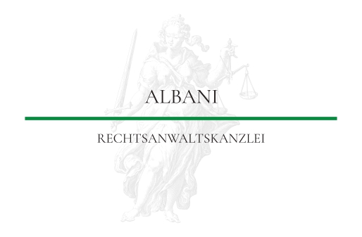 Legal office logo featuring the figure of Lady Justice holding scales and a sword, with the text "Albani Rechtsanwaltskanzlei".