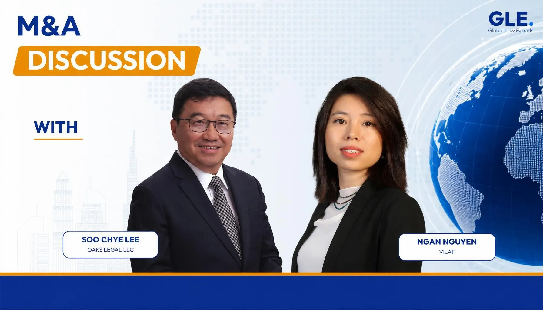 Legal professionals discussing M&A, with a global map background highlighting international legal expertise.