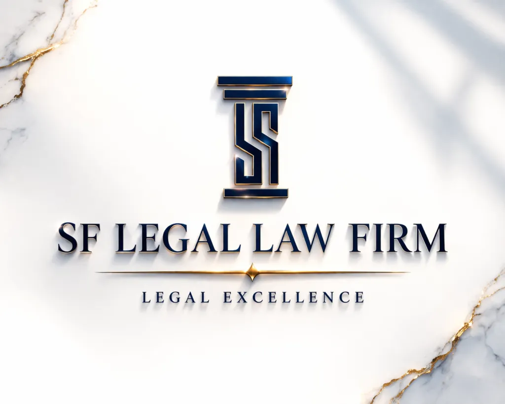 SF Legal Law Firm logo displaying "Legal Excellence" on a marble background.