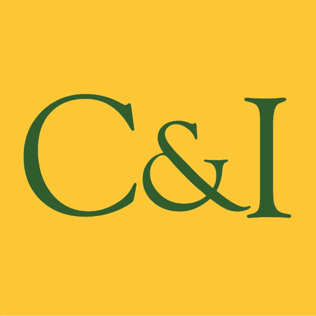 Logo design featuring the letters "C & I" on a yellow background.