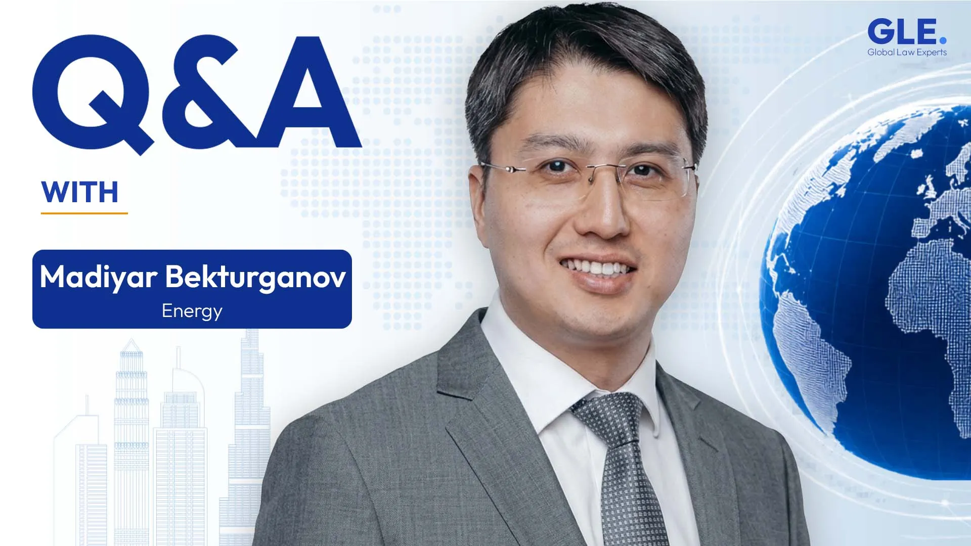 Legal expert engaging in Q&A related to energy sector, set against a global map background.