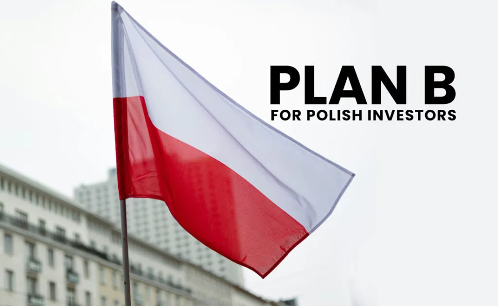 Polish flag waving with bold text promoting "Plan B for Polish investors."