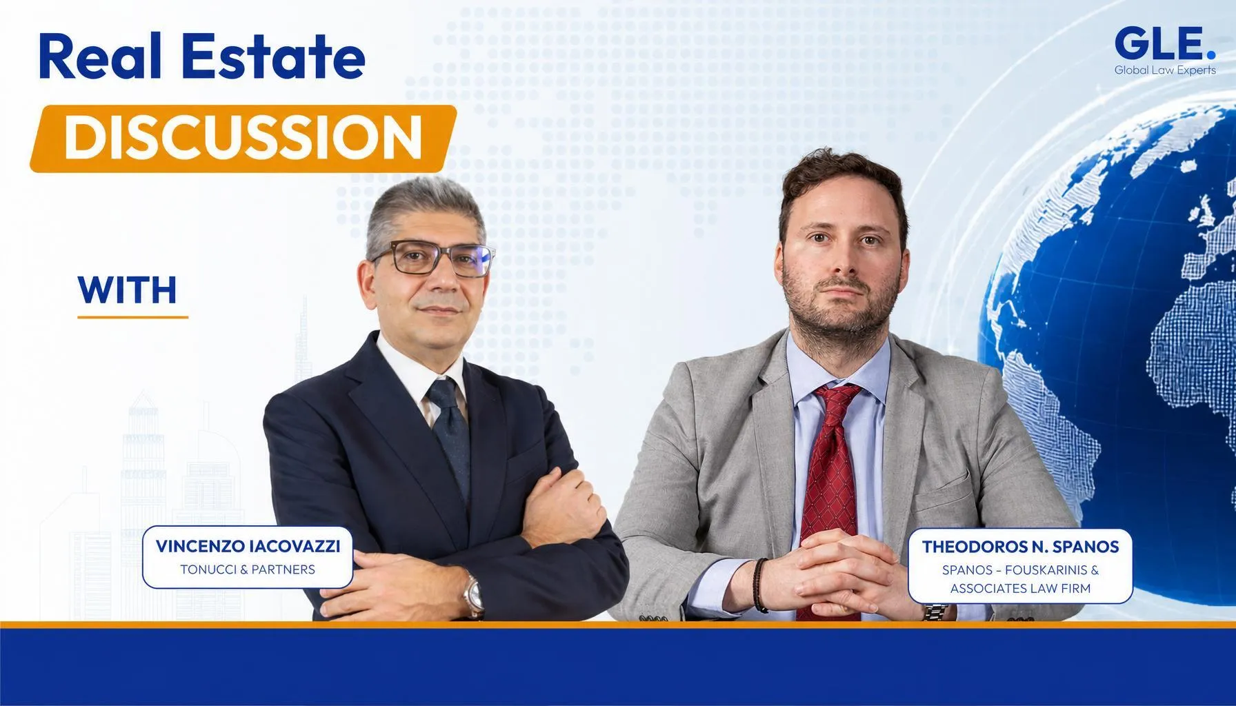 Two legal professionals engaged in a real estate discussion with a world map backdrop and professional attire.
