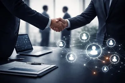Business professionals shaking hands in an office setting with digital network symbols in the background.