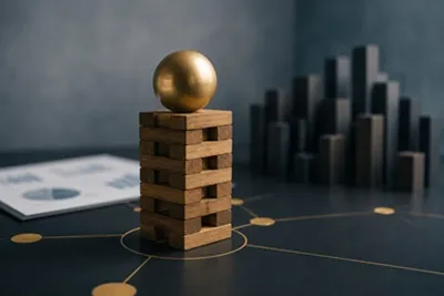 Wooden blocks stacked with a gold sphere on top, surrounded by graphs and bar charts on a desk.