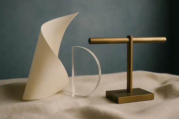 Abstract legal-themed desk accessories including a paper sculpture, acrylic shape, and a bronze letter holder.