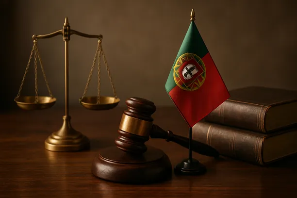 Gavel and scales of justice next to open law books and a small Portuguese flag on a wooden table