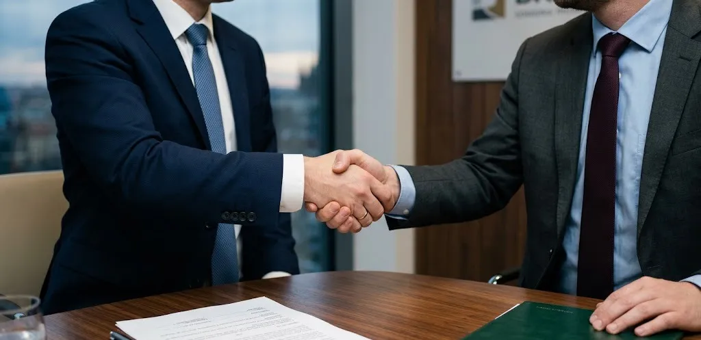 Two attorneys shaking hands at a conference table with legal documents in front of them.