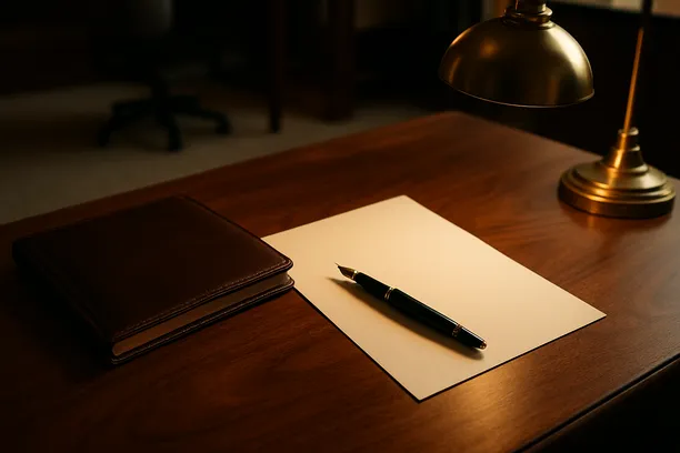 Legal desktop setting with a notebook, pen, and blank paper, illuminated by a lamp.