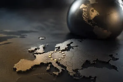Detailed map of Europe with a globe, illustrating international legal contexts and geographical references.