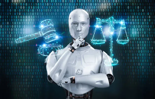 Robot contemplating legal implications with holographic gavel and scales of justice in a digital setting.