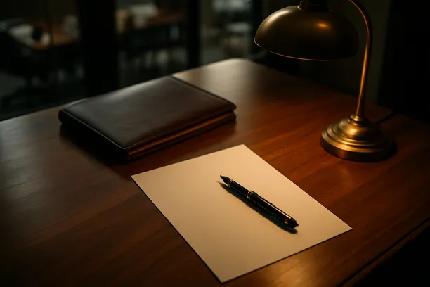 Desk with a legal pad and pen under a lamp, suggesting a workspace for attorneys to draft documents.