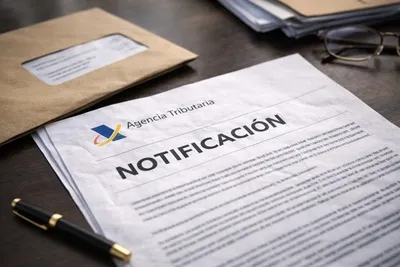 Notification letter with notice title on a desk, alongside an envelope and a pen.