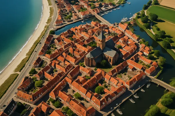 Aerial view of a coastal town with red-roofed buildings, waterways, and a church steeple.