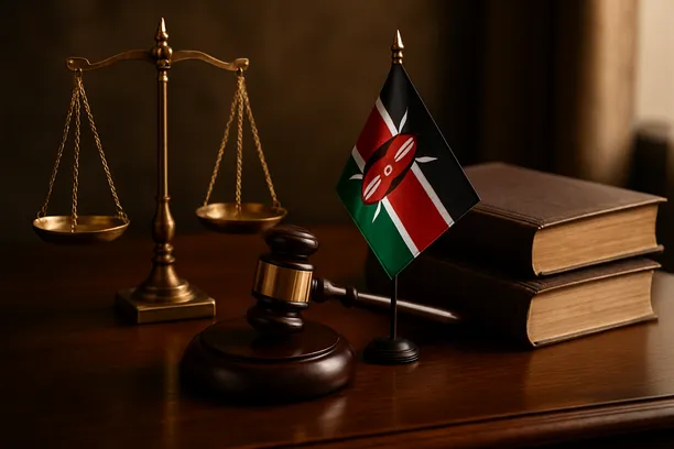 Scales of justice alongside a gavel and Kenyan flag on a wooden desk with legal books in the background.