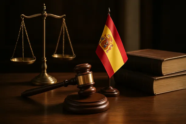 Gavel, scales of justice, and Spanish flag on a wooden desk with stacked legal books in a law setting.