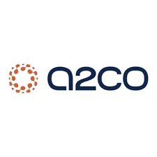 Logo of a2co, featuring an abstract design and text in dark blue and orange colors.