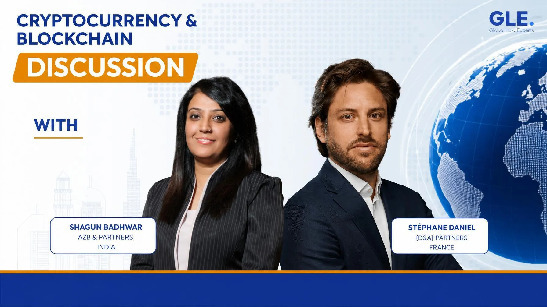 Legal experts, Shagun Badhwar and Stéphane Daniel, discussing cryptocurrency and blockchain topics for a professional audience.