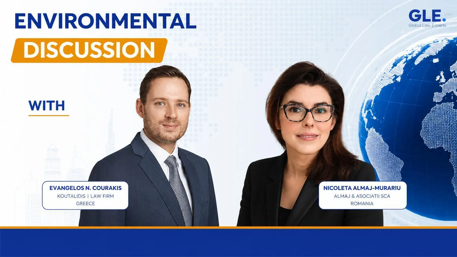 Lawyers featured in a global discussion on environmental issues with a world map backdrop.