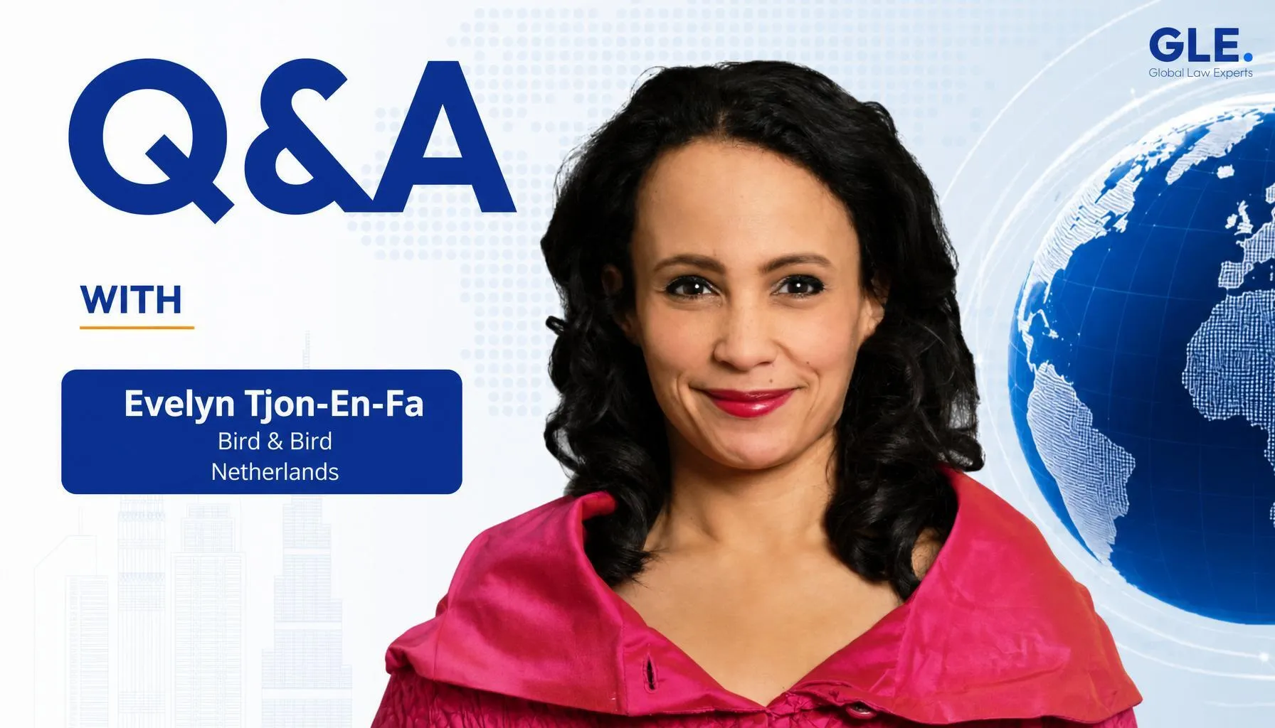 Evelyn Tjon-En-Fa, lawyer at Bird & Bird, posing for a Q&A with a global map background.
