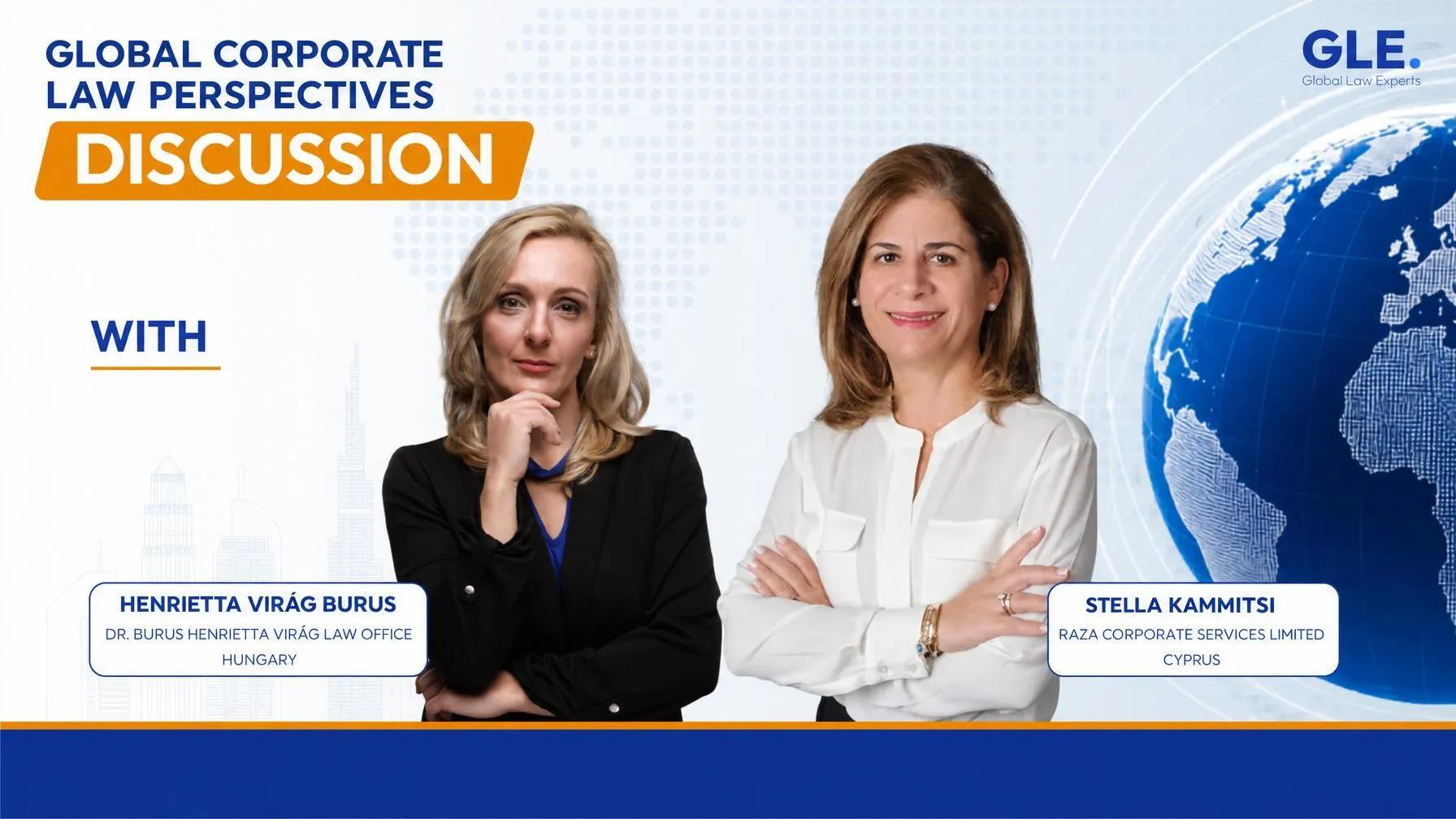 Legal professionals participating in a global corporate law discussion, with names and affiliations displayed below.