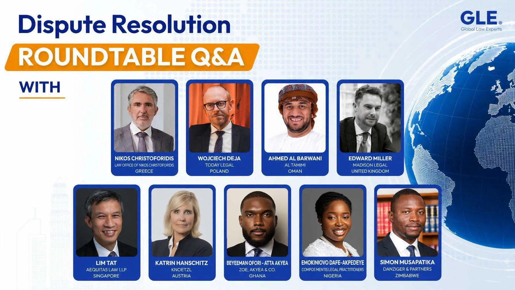 Roundtable discussion featuring legal experts on dispute resolution with diverse international representation.