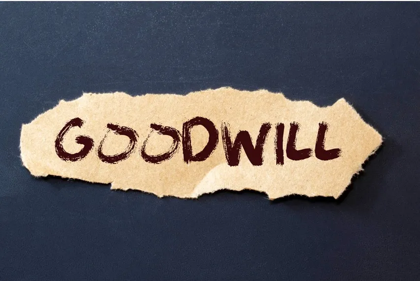 Text reading "GOODWILL" written in dark font on a torn piece of brown paper against a black background.